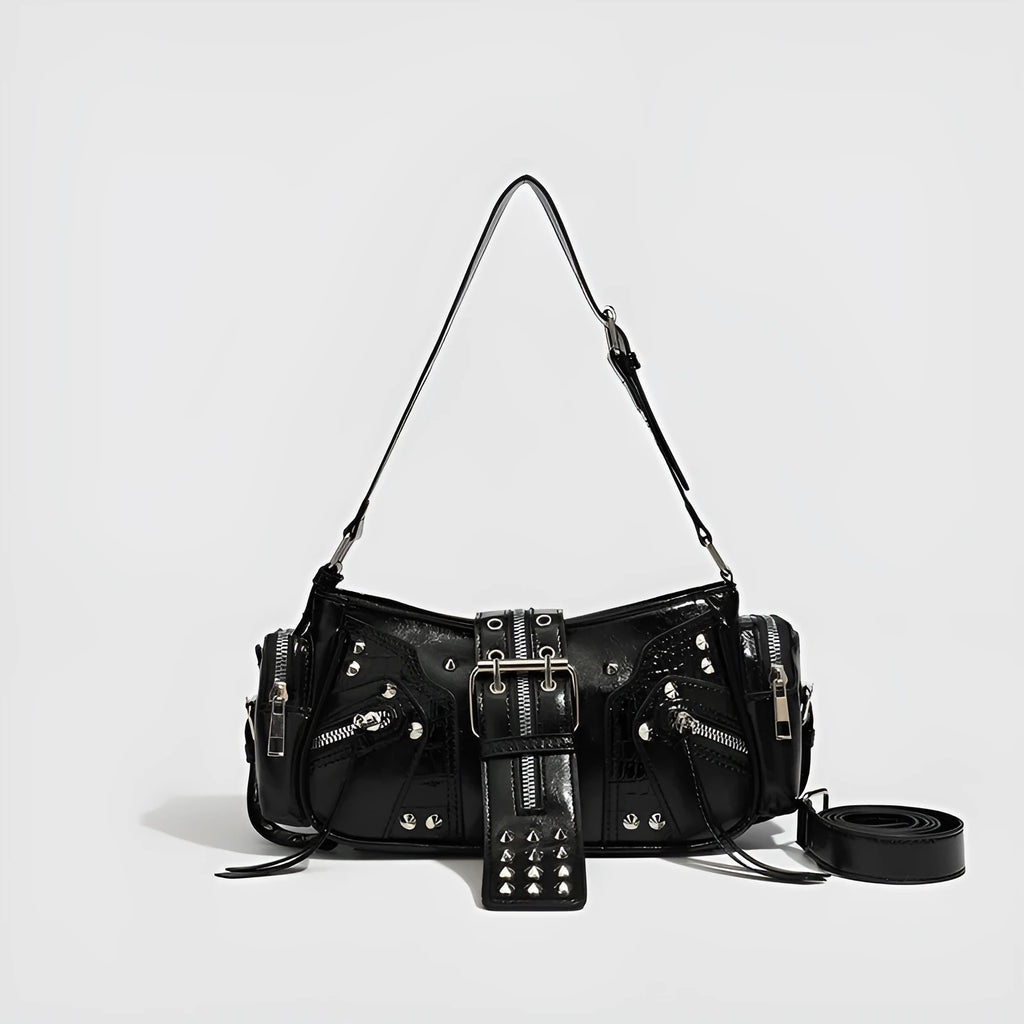 Black retro dumpling-shaped handbag with oil wax leather and multiple internal compartments