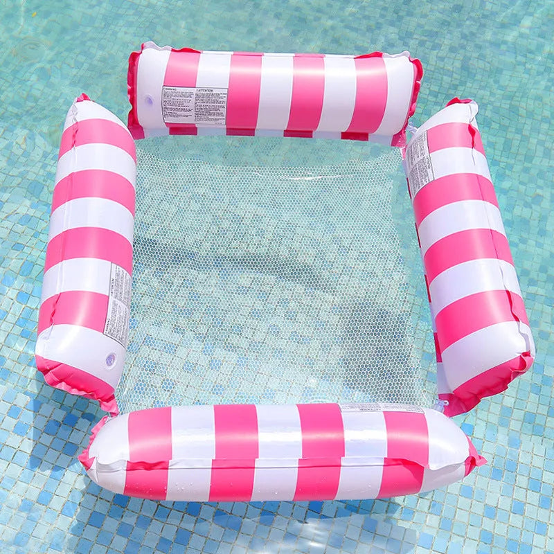 Inflatable four-tube floating deck chair with striped design and mesh seat on water.