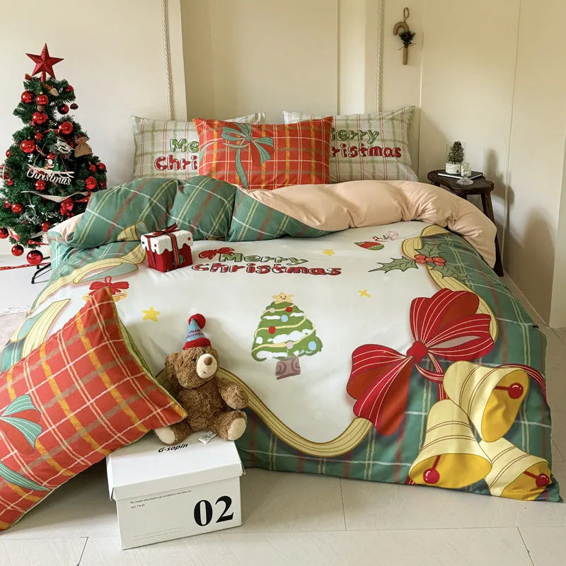 Christmas cartoon printed four-piece cotton bedding set showing duvet cover and pillowcases