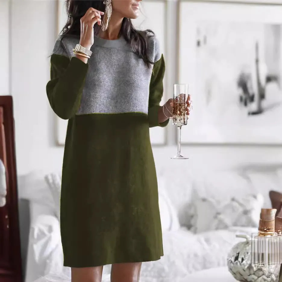Brown women's polar fleece sweater dress with patchwork detailing and princess dress silhouette
