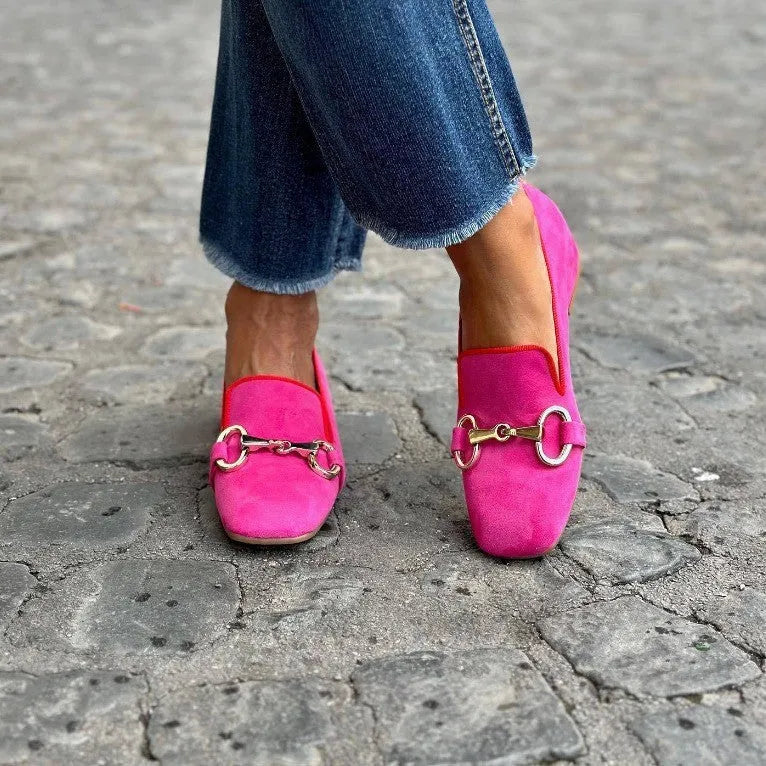 Green and Rose Red suede flat bottom loafers with metal fastener, round toe, and low heel.