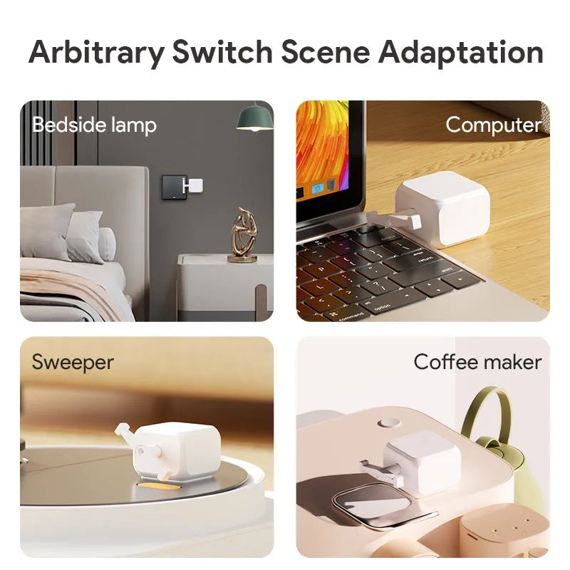 White Bluetooth rocker arm finger robot for smart home switch control with thumb remote.