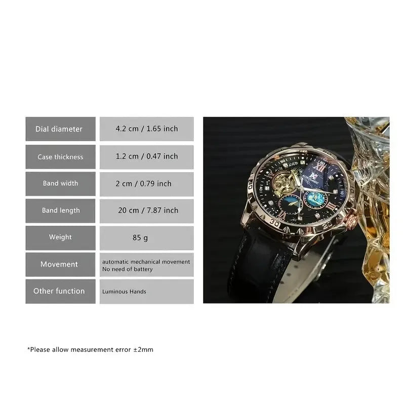 Men's black and rose gold automatic skeleton watch with a large dial and brown leather strap.