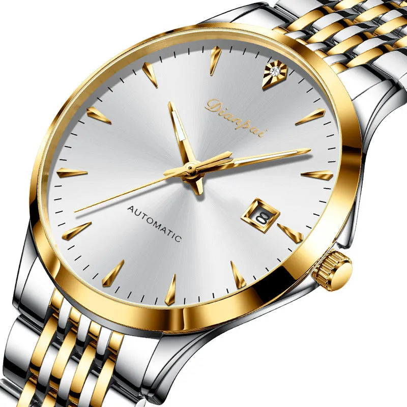 Men's automatic watch with stainless steel bracelet and a white dial, showing water resistance of 30 metres.