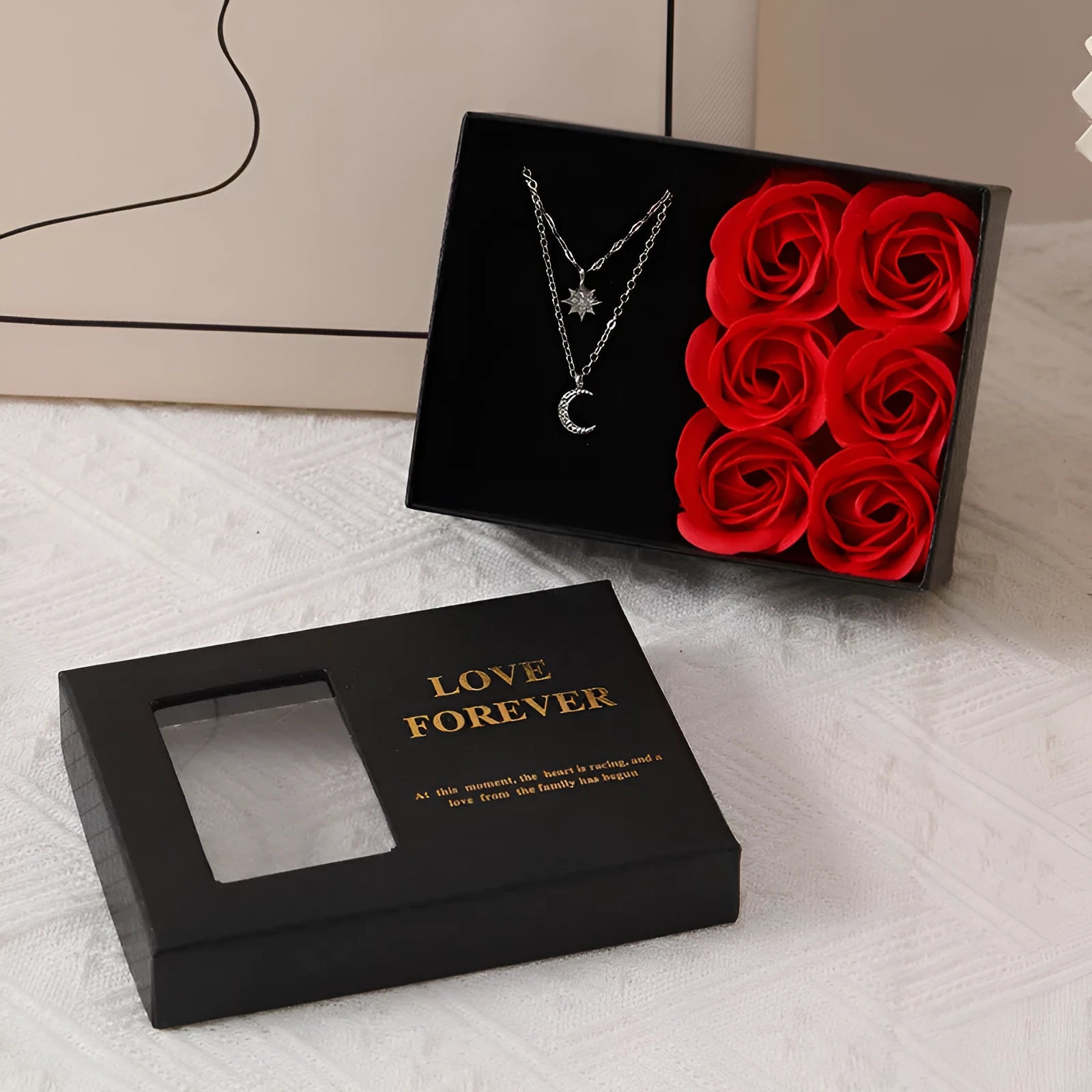 Korean style soap flower gift bouquet in presentation box with handbag in red, pink, or black.