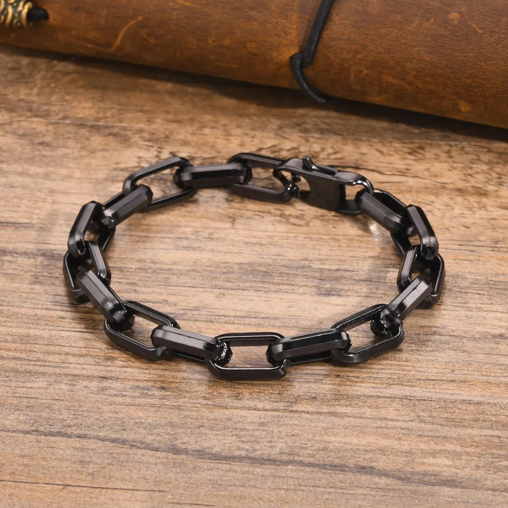 Men's stainless steel square chain bracelet in steel, gold, black, and retro colour options.