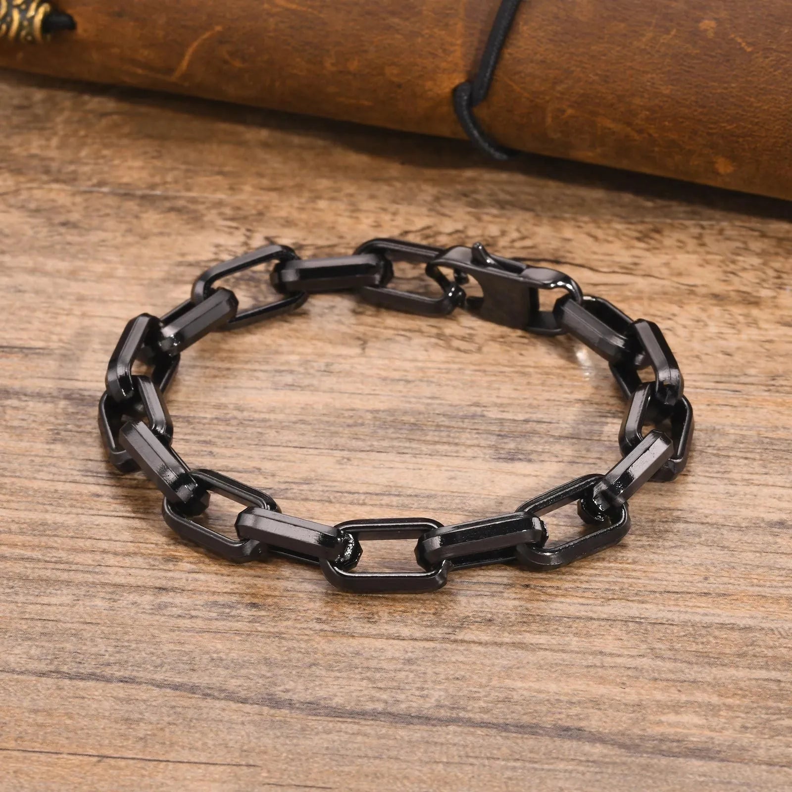 Men's stainless steel square chain bracelet in steel, gold, black, and retro colour options.
