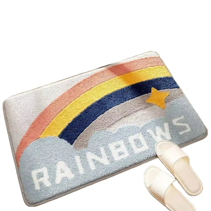 Square cashmere carpet floor mat with rainbow pattern and a plastic bottom, shown in sky sea colour.