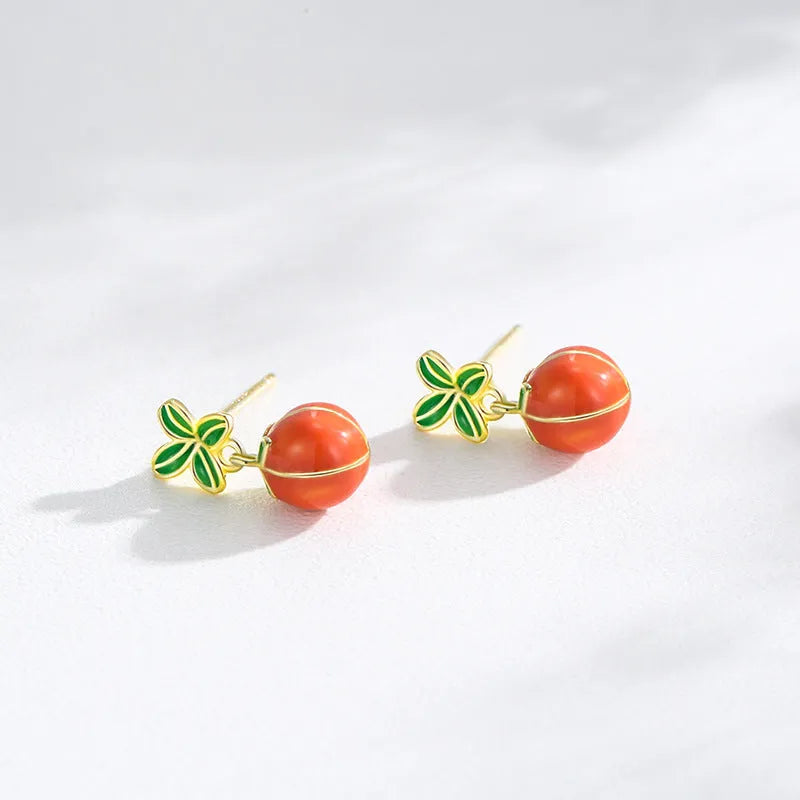 S925 sterling silver stud earrings with lucky persimmon dripping design in New Chinese style