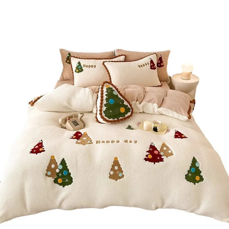 Bright yellow fleece-lined winter bedding four-piece set with cartoon animation embroidery.