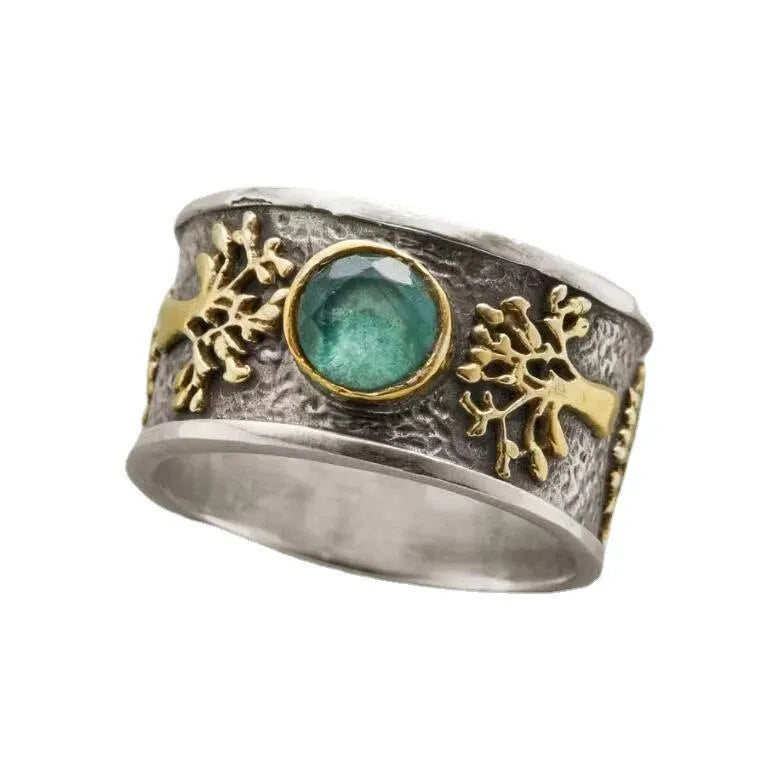 Light green vintage ring with lucky tree design and constellation details in alloy with gemstone inlay