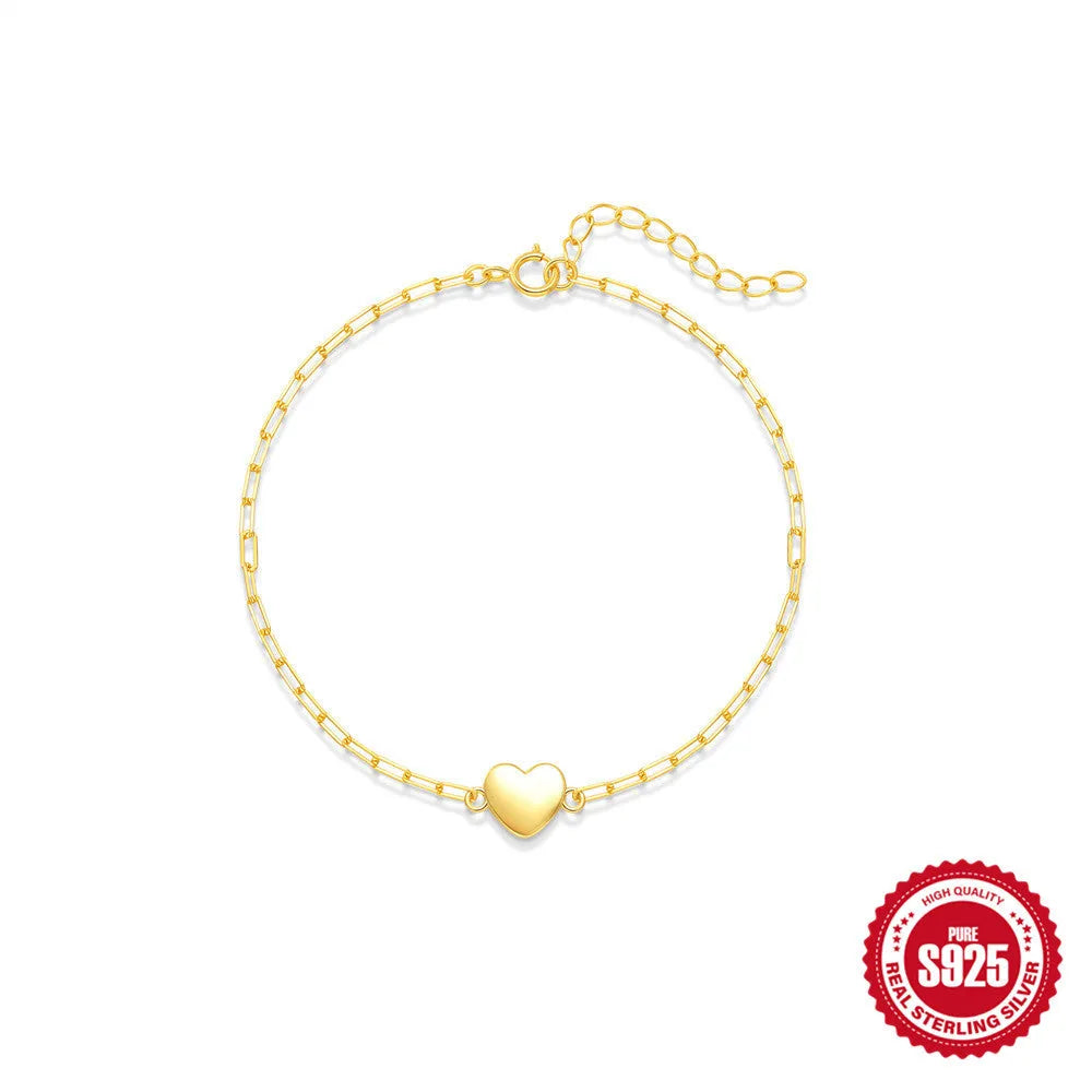 S925 sterling silver bracelet with clip chain clasp and geometric heart charm