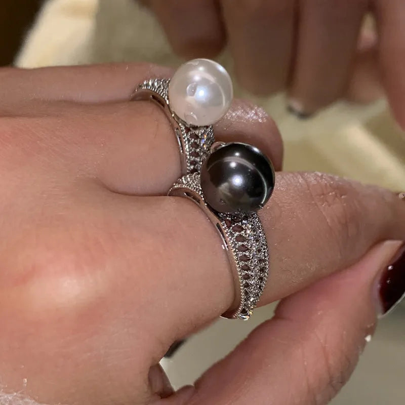 Black pearl open index finger ring with geometric copper design and adjustable opening