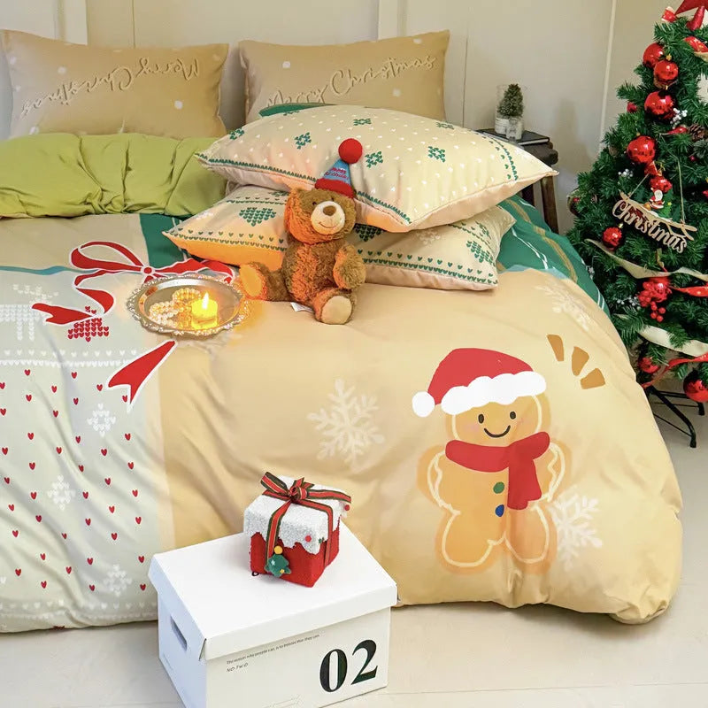 Christmas cartoon printed four-piece cotton bedding set showing duvet cover and pillowcases