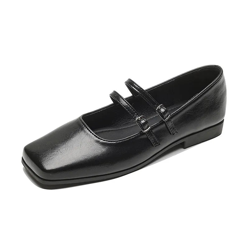 Women's silver genuine leather ballet flats with cross buckle strap and Mary Jane styling