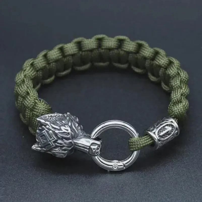 Handmade stainless steel wolf head bracelet with Luen character in camouflage colour