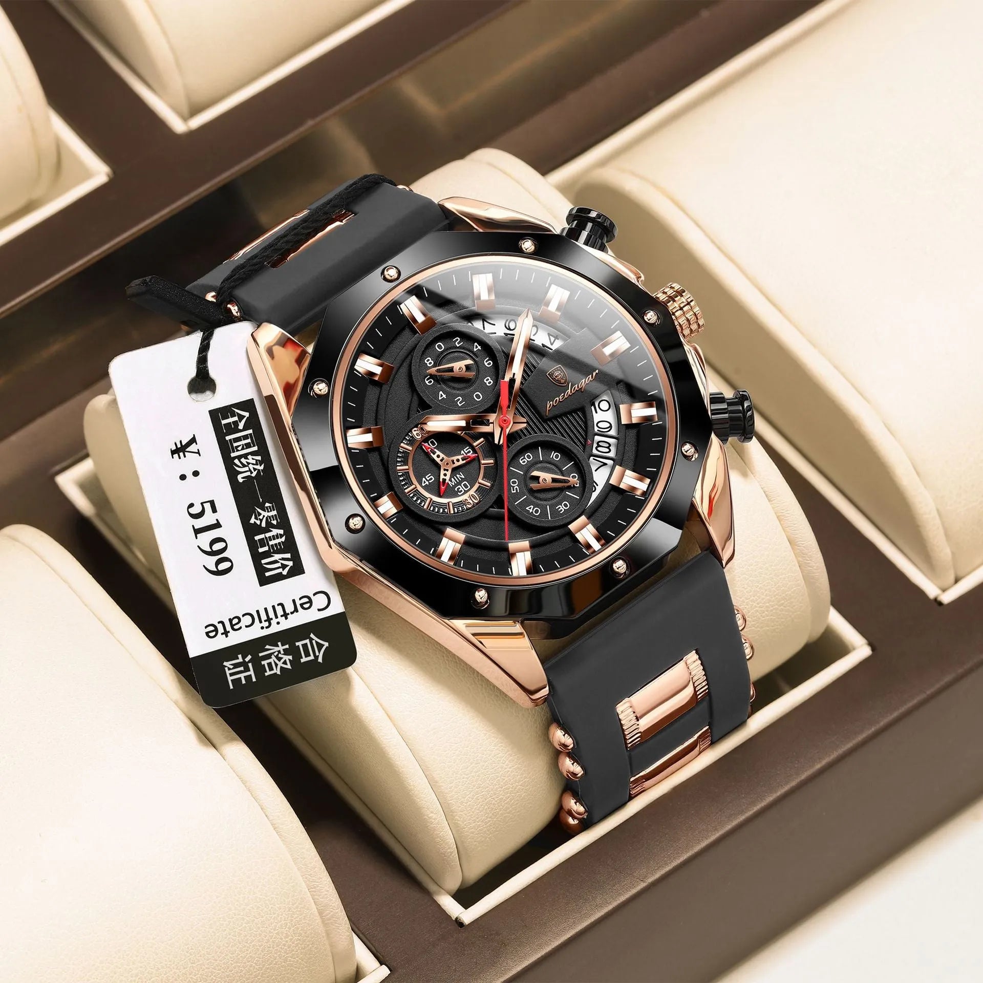 Men's chronograph watch with silicone strap and diamond-shaped dial