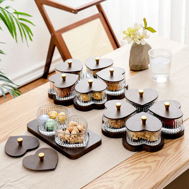 Transparent glass snack platter with heart-shaped lid showing 4-grid tray option in retro style.