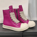 Black high-top leather casual sneakers with a side zipper and a round toe on a rubber sole.