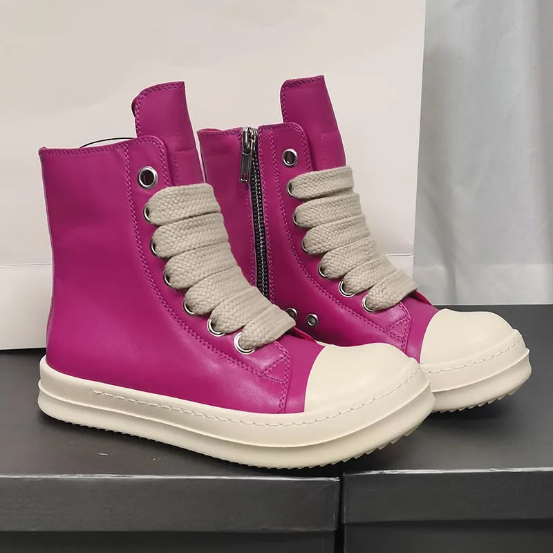 Black high-top leather casual sneakers with a side zipper and a round toe on a rubber sole.