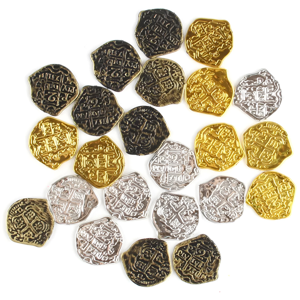 Set of 100 replica Roman pirate coins with metallic gold, silver, or bronze electroplated finish.