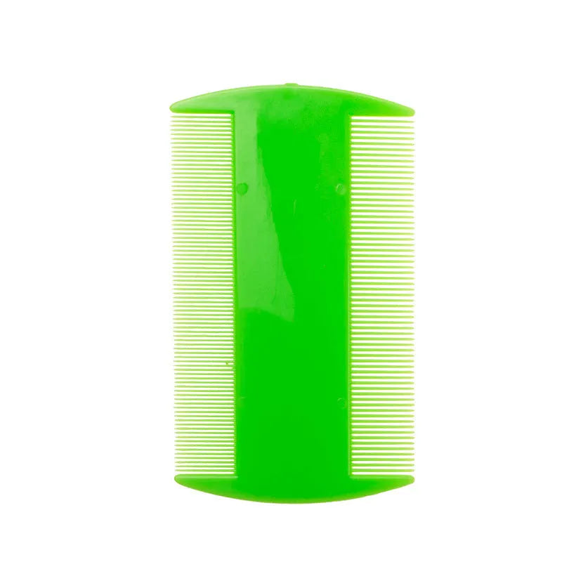 A white plastic double-edged fine-toothed flea and lice comb, shown from above on a plain surface.
