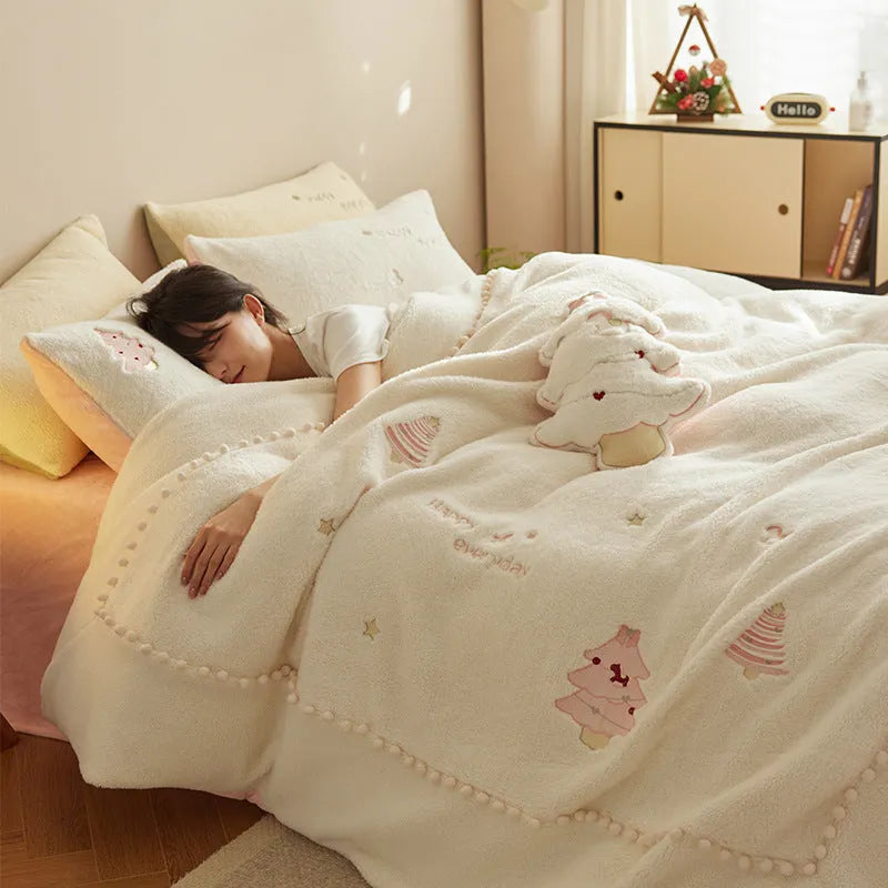 Princess style milk fibre bedding set with green Christmas tree print on a bed, showing quilt cover and pillowcases.