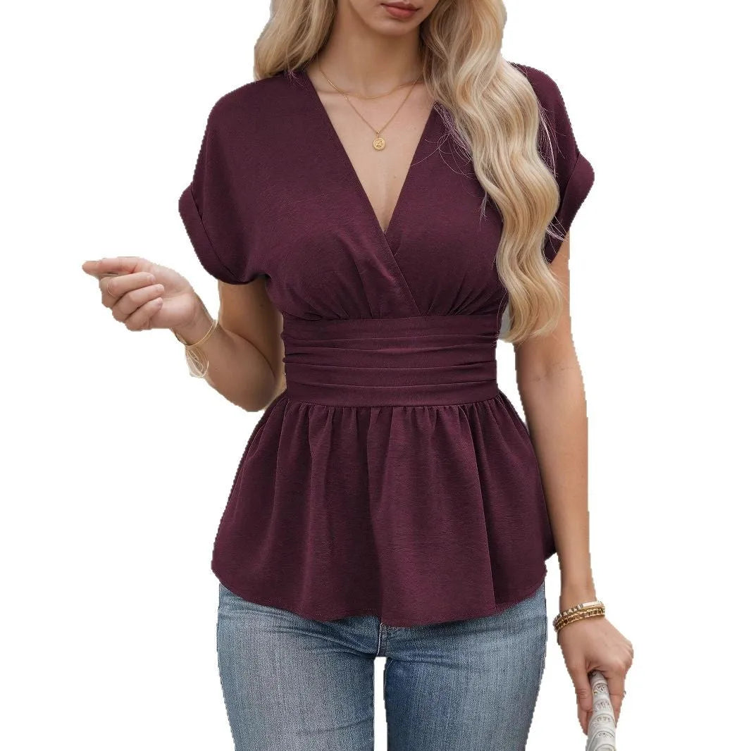 Women's V-neck polyester top with waist pleating in five colour options