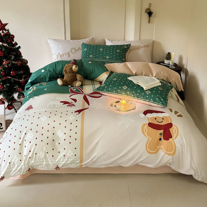 Christmas cartoon printed four-piece cotton bedding set showing duvet cover and pillowcases