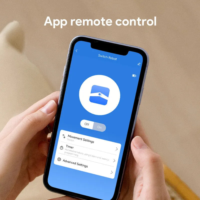 White Bluetooth rocker arm finger robot for smart home switch control with thumb remote.