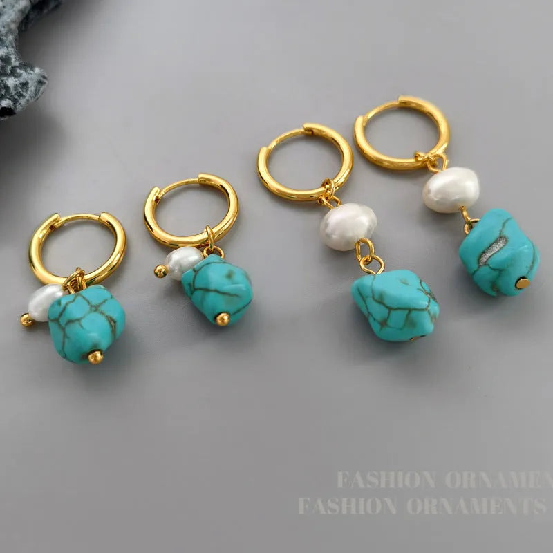 Copper geometric ear clips with irregular turquoise stones and cultured pearls, showing both short and long dangle styles