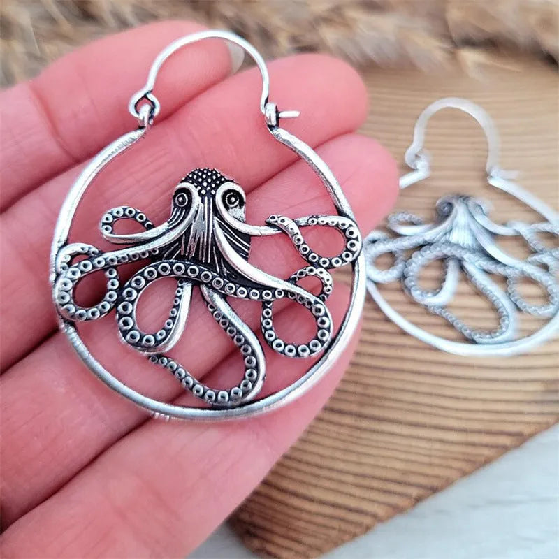 Vintage silver octopus earrings with zinc alloy construction and electroplated antique finish