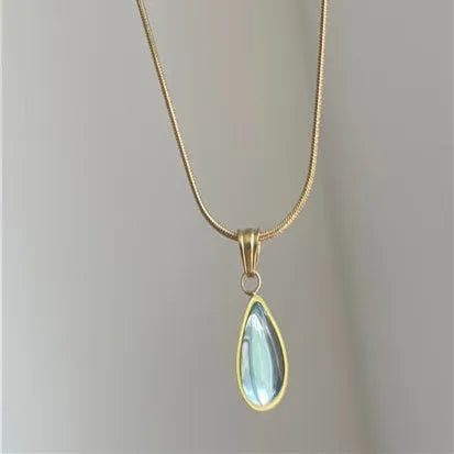 Retro blue and green water drop necklace with mixed gem inlaid pendant on titanium steel snake bones chain