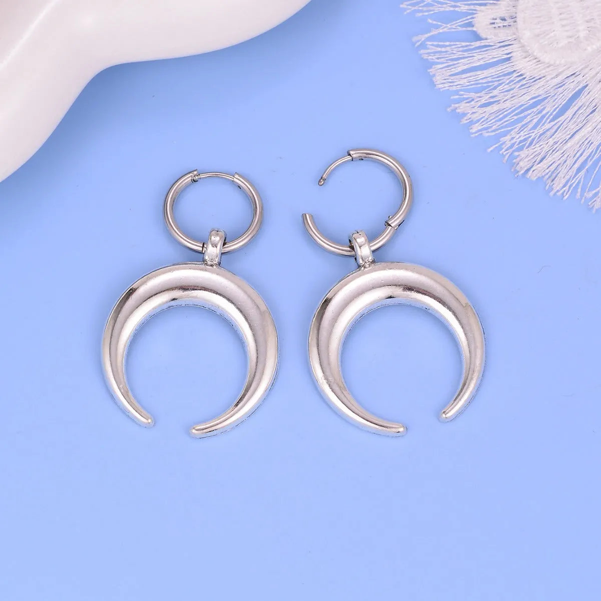 Silver geometric hoop earrings with moon detail, clip-on vintage gothic punk jewellery