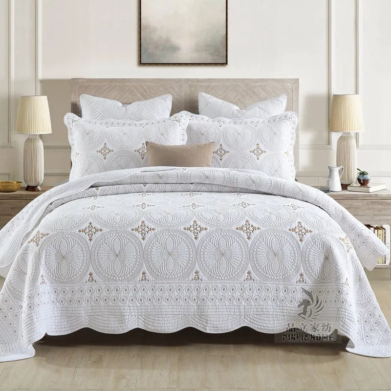 European-style embroidered cotton bed cover set for 1.8 metre beds with matching pillowcases