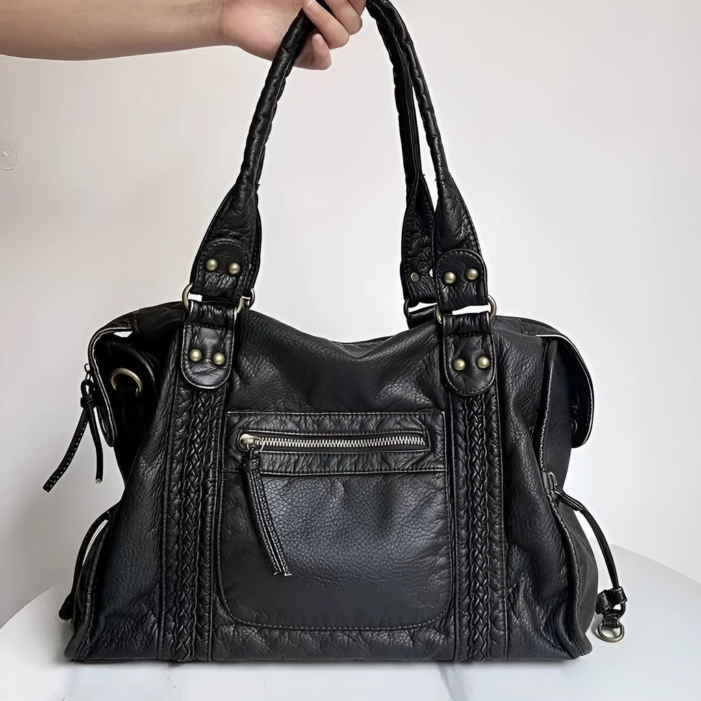 Women's French retro motorcycle style messenger bag in soft PU material with weaving detail