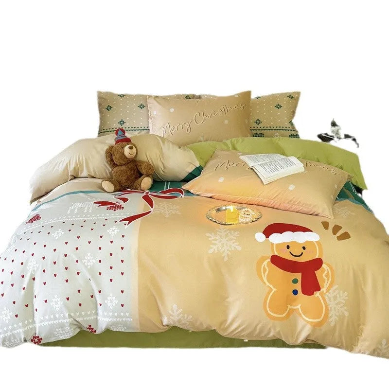 Christmas cartoon printed four-piece cotton bedding set showing duvet cover and pillowcases