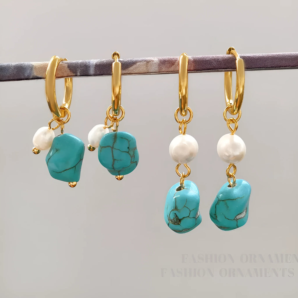 Copper geometric ear clips with irregular turquoise stones and cultured pearls, showing both short and long dangle styles