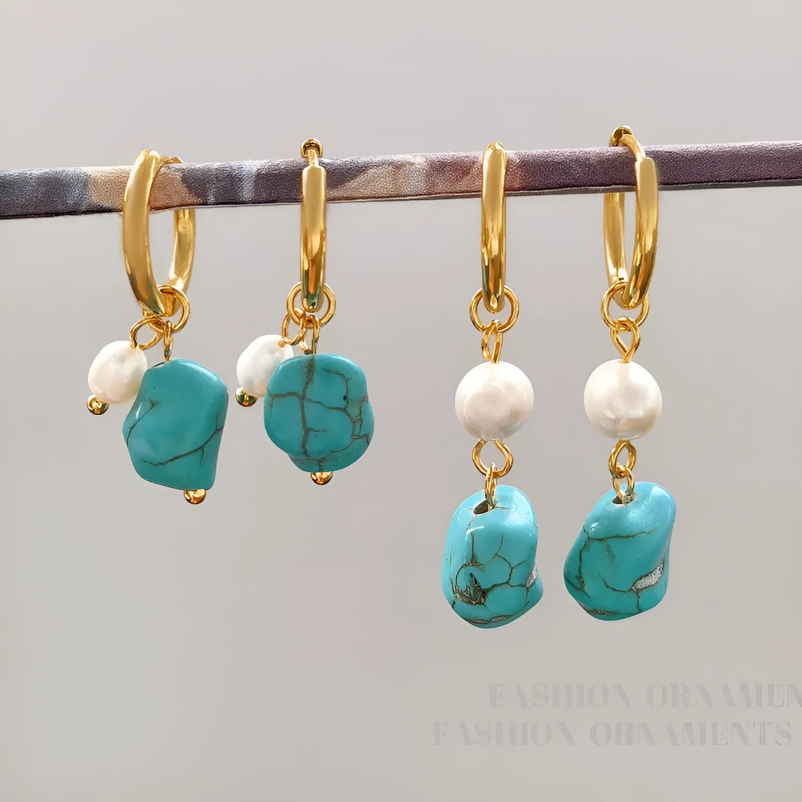 Copper geometric ear clips with irregular turquoise stones and cultured pearls, showing both short and long dangle styles