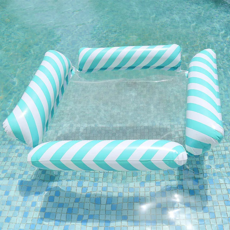 Inflatable four-tube floating deck chair with striped design and mesh seat on water.