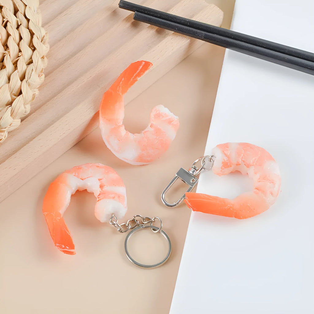 PVC injection moulded shrimp shaped keychain with 1.5cm thickness and door buckle attachment
