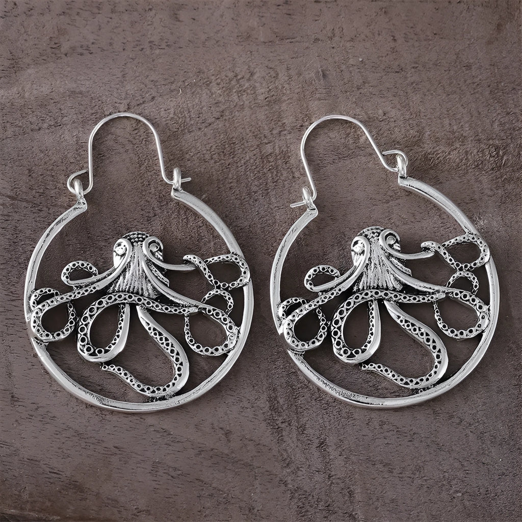 Vintage silver octopus earrings with zinc alloy construction and electroplated antique finish