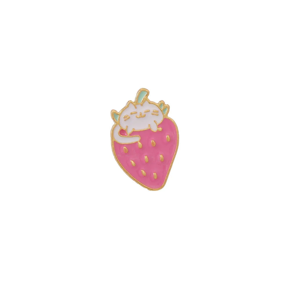 Alloy metal brooch with cat strawberry cake and dripping oil design in five colour options