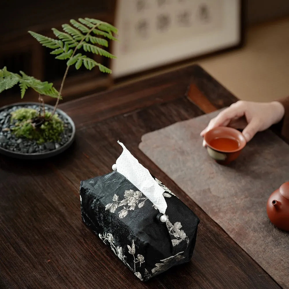 White plum embroidered New Chinese style cloth tissue box cover with pearl buckle option.