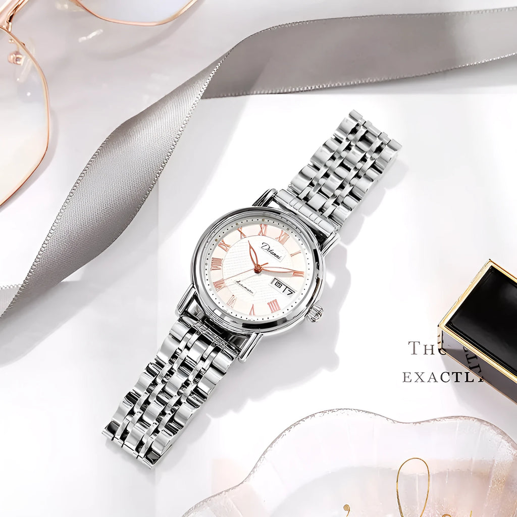 Women's automatic mechanical watch with 12mm steel case showing leather strap and white dial option