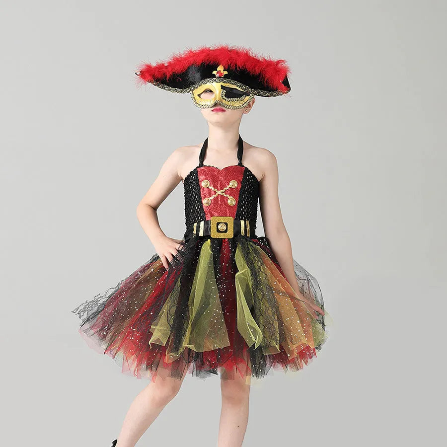 Girls sleeveless pirate costume dress with sequins and black gauze mesh overlay.