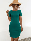 Women's slim-fitting short sleeve dress with a U-shaped split detail in a dark green cotton blend fabric.