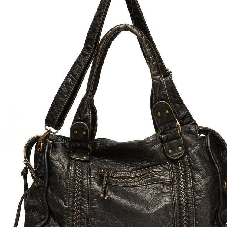 Women's French retro motorcycle style messenger bag in soft PU material with weaving detail