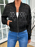 Black women's casual jacket with geometric pattern and thread zipper.