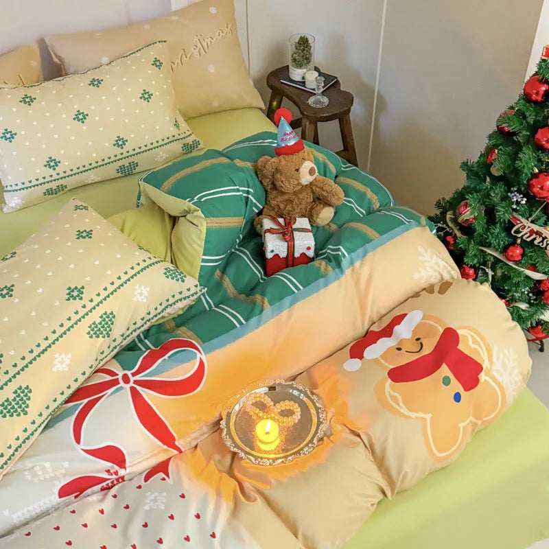 Christmas cartoon printed four-piece cotton bedding set showing duvet cover and pillowcases